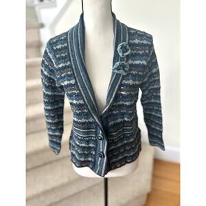 Vintage Y2K Blue & Metallic Brown Crochet Knit Rosette Cardigan